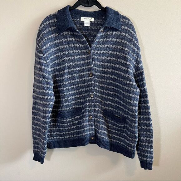 ✨ Eddie Bauer Women’s 100% Wool Blue Gray Striped Cardigan Large - Picture 1 of 10